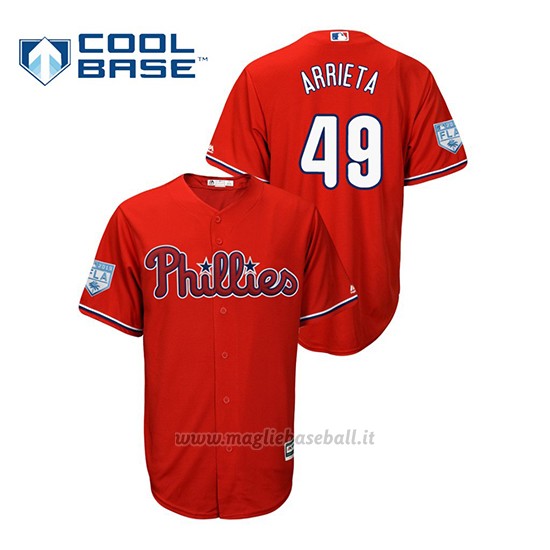Maglia Baseball Uomo Philadelphia Phillies Jake Arrieta 2019 Entrenamiento De Primavera Cool Base Rosso
